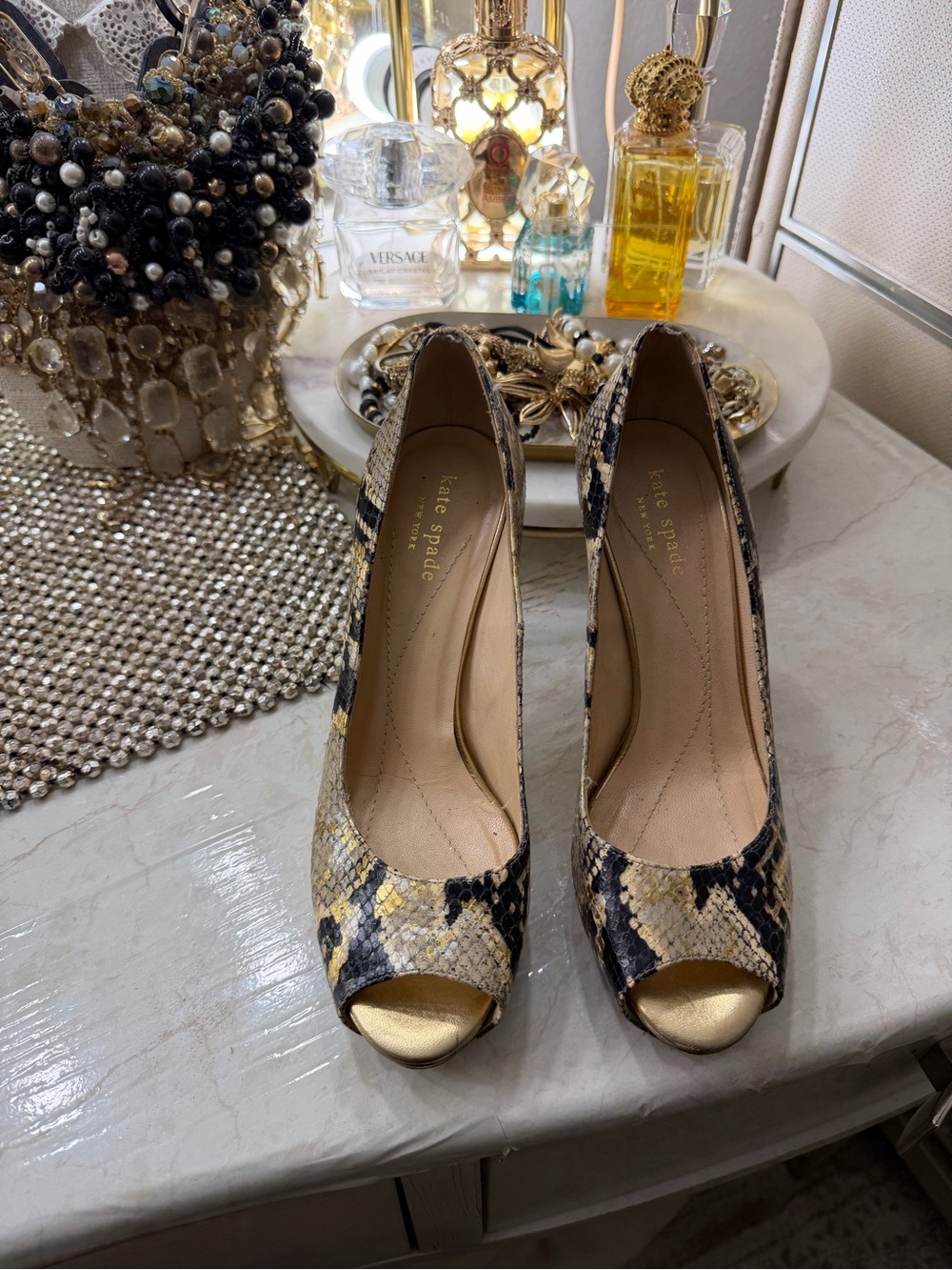kate spade Gold and Black Snakeskin Peep-Toe Heels